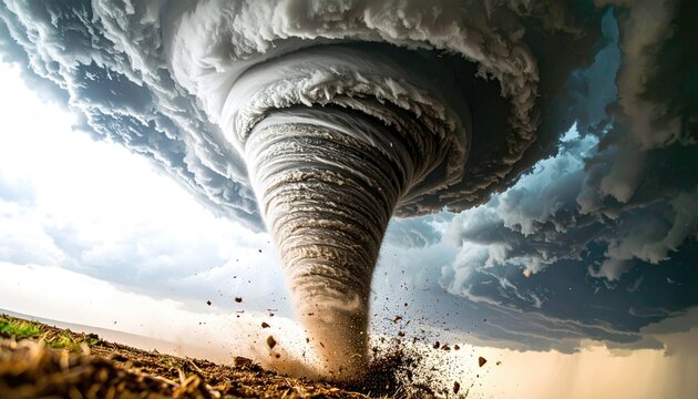 Tornado during a severe weather outbreak. Tornado funnel with debris beneath a supercell thunderstorm during a severe weather outbreak