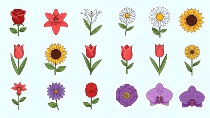 Fototapeta premium Vibrant illustrations of various flowers arranged in a grid pattern, showcasing diverse blooms and foliage