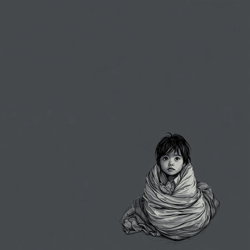 Minimalist charcoal illustration of a lonely child wrapped in a blanket sitting in the dark with large copy space. Concept of poverty, refugee, and sadness. Generative AI.