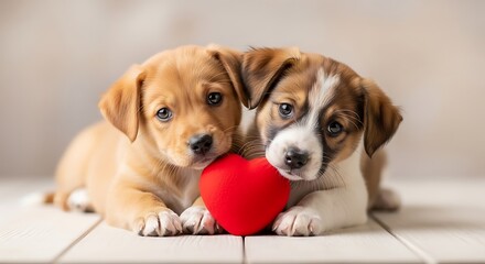 Two adorable puppies sharing a red heart-shaped toy together on a tiled floor