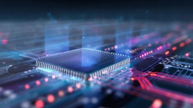 Digital Core: a close-up image of a central processing unit (CPU), a vital element of modern technology, set against a backdrop of dynamic digital pathways, representing the flow of information.