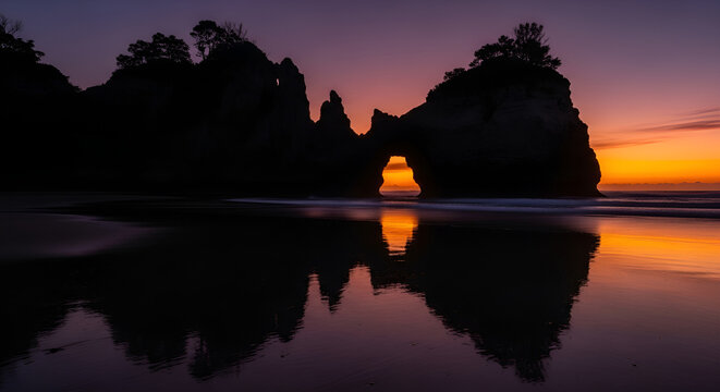 Maruata Sunrise Coastal Arch Rock Formation Beach Reflection