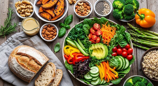 A vibrant and nutritious spread of fresh, organic ingredients, featuring a colorful plant-based meal with a variety of wholesome superfoods for a healthy lifestyle