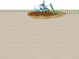 水田で農作業をしているイラスト素材。