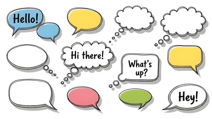 Fototapeta premium A vibrant set of hand-drawn speech bubbles and thought clouds in a cartoon style, featuring diverse shapes and colors, ideal for expressing dialogue, communication, and creative ideas