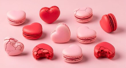 Assorted heart-shaped macarons in vibrant pink and red hues on a white background