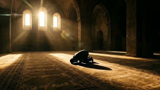 Spiritual Moment of a Muslim in Prostration Inside a Grand Mosque.