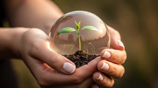 Womans hands holding a glass sphere with a growing plant inside, symbolizing life protection and nature preservation