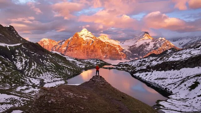 Aerial view of a person standing on a mountain top near a lake surrounded by snow capped mountains at sunrise, Grindelwald, Canton of Bern, Switzerland.