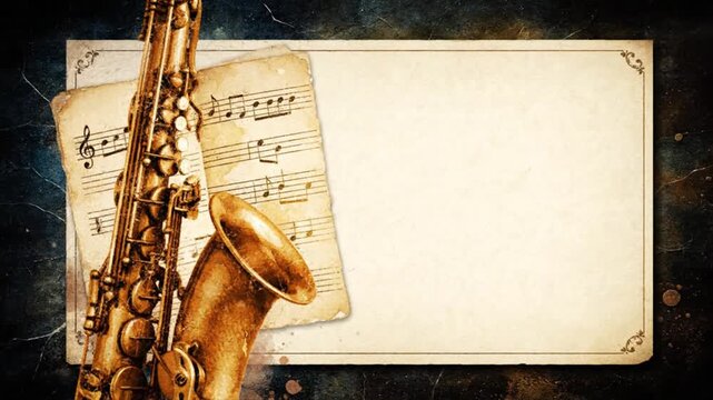 Gold vintage tenor saxophone and sheet music against grunge background with blank paper for copy space