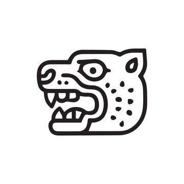 Ancient Aztec Jaguar Head Glyph Black And White Line Art Illustration