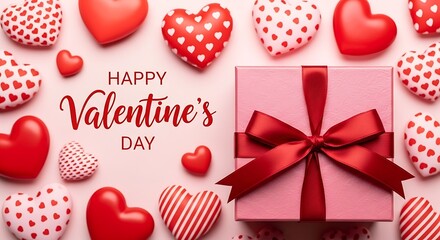 A festive valentine's day gift box surrounded by heart decorations and confetti