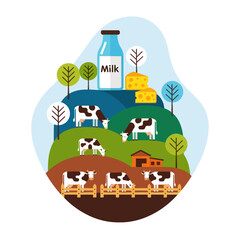 Naklejka premium Cows on Farm with Milk Products Illustration.