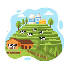 Cows Grazing on Green Hillside Farm.