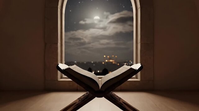 Spiritual scene of the Holy Quran under the moonlight for Ramadan Kareem.