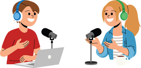 Two people character recording podcast, Media online content, Radio speaker and host conversations, Man and woman broadcast live podcast with laptop and microphone illustration