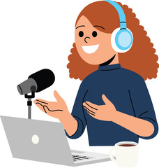 Woman character recording podcast, Media online content, Radio speaker communication, Happy woman broadcast live podcast with laptop and microphone illustration