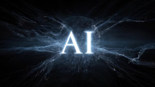 AI Unveiled: The radiant letters AI shine brightly amidst a captivating, abstract background, symbolizing the dawn of artificial intelligence and technological innovation.