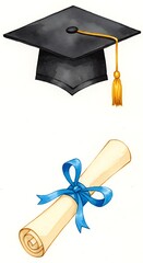 水彩の卒業証書と帽子