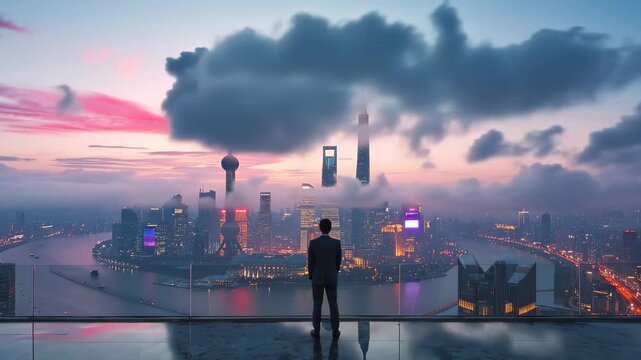 City skyline view from high above the ground shows a man looking at buildings and lights in Shanghai during dusk with clouds and soft colors in the sky