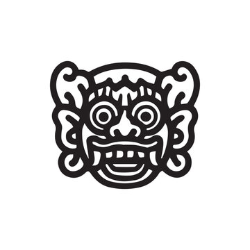Monochrome Stylized Balinese Barong Mask Tribal Line Art Vector