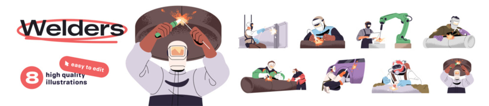 Welders work set. Workers in safety masks repair metal constructions with gas welding. Builders in protective helmets connect pipes with torch in factory. Flat isolated vector illustrations on white