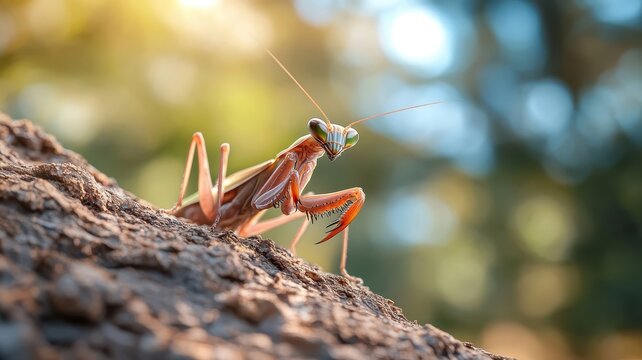 Mantis waiting in ambush on tree bark.