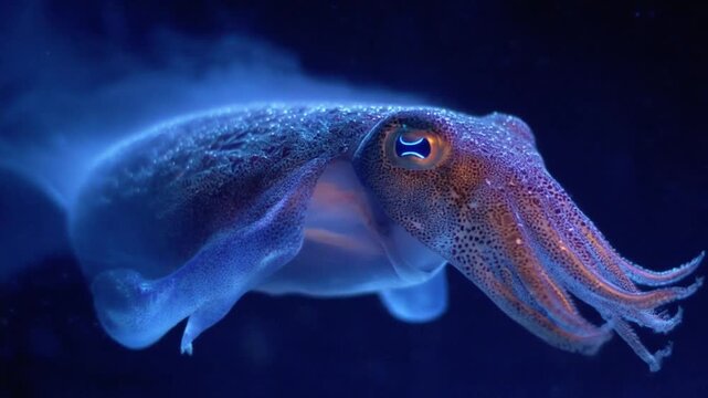 A bioluminescent cephalopod with blue and orange pigmentation against a dark blue background