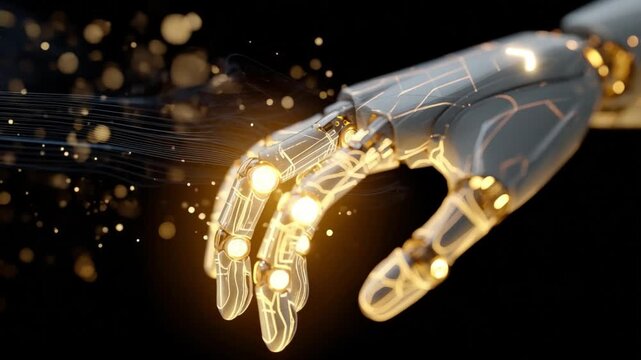 Digital Synergy: A futuristic cyborg arm reaches out, its intricate design of illuminated circuits and gleaming metal showcasing the convergence of technology and human form. 