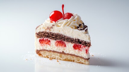 Slice of Neapolitan ice cream cake with whipped cream and cherry.