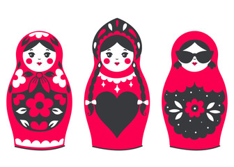 A set of three matryoshka dolls with different styles. Vector graphics.