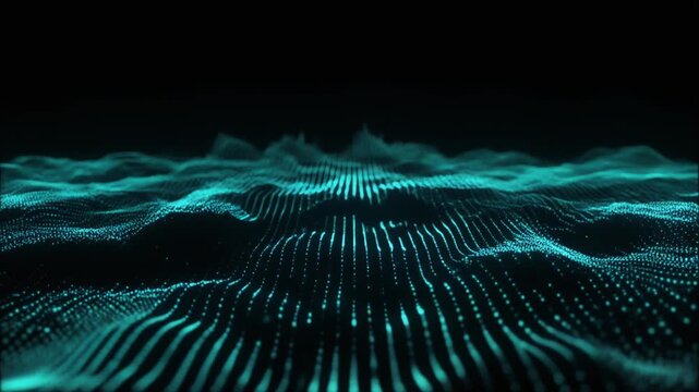 Observing a futuristic digital landscape where teal wave patterns emit a soft glow and pulse across a black environment from a central viewpoint