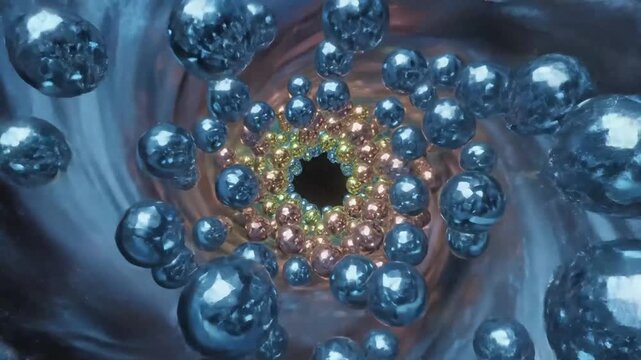 Abstract swirling vortex of iridescent spheres in a dark cosmic background a mesmerizing display of dynamic movement and futuristic technology for digital art projects