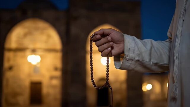 A Devout Muslim Man Reciting Dhikr with Misbaha Beads at Night.