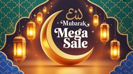 Eid Mubarak mega sale advertisement with golden crescent moon and lanterns