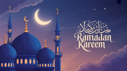 Beautiful Ramadan Kareem background with blue mosque domes, crescent moon and clouds, ideal for banners 