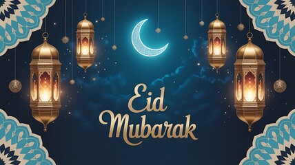 Indian Ramadan Eid Mubarak Background with Lantern, Crescent and Stars.