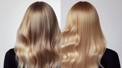 Naklejka premium A before-and-after transformation of dry, damaged hair into soft, silky strands, high-contrast details, professional hair care concept