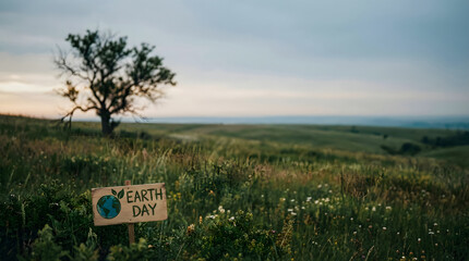 Earth Day sign in grassy field with distant tree wooden sign globe leaf