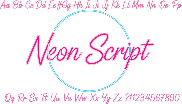 Professional pink neon script alphabet collection featuring glowing handwritten font with numbers and circular neon frame for beauty and nightlife branding