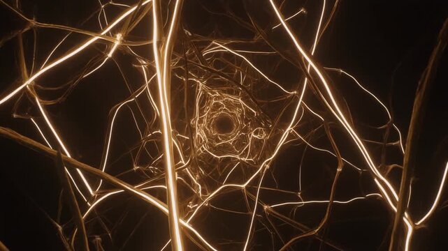 Dynamic neuron firing with glow of dendrites and axon in neural network, seen from a close-up perspective in a dark environment