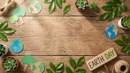 Earth day decoration for background with copy space globe tree succulent plant