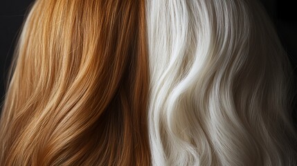 Naklejka premium A dramatic contrast shot of bleached damaged hair before and vibrant restored color after treatment
