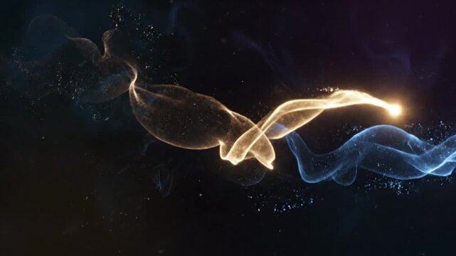 Abstract Glowing Golden Light Trail Flowing Through Dark Blue Digital Atmosphere