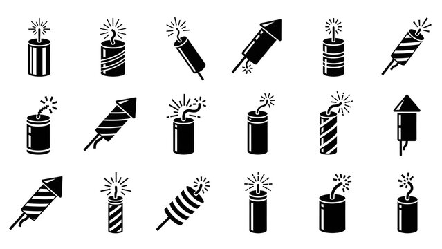 Firework icons arranged in a grid display various styles of explosive pyrotechnics for festive design projects.