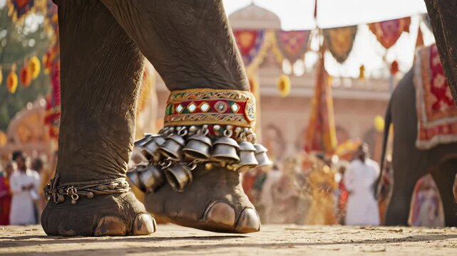 Close Up Of Decorated Elephant Feet With Bells Anklets During Outdoor Cultural Festival Parade With Blurred Crowd And Buildings In Background Warm Sunlight
