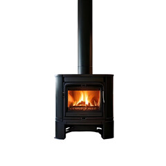 Black fireplace with burning fire and chimney