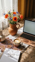Modern Workspace Flat Lay with Traditional Cultural Pottery and Embroidery Elements