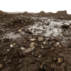 Low-angle view of a muddy, rocky, barren landscape