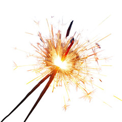 Close-up of a lit sparkler, radiating light, on black